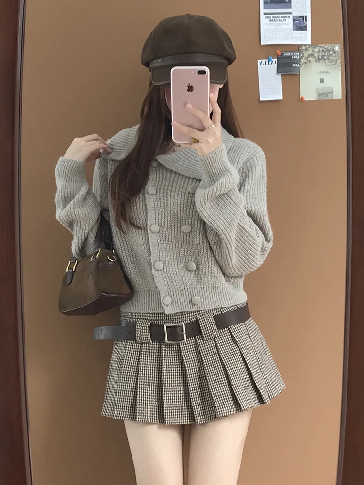 Cardigan tricoté rétro coréen pour femme, pull ouvert, taille haute, Slim, jupe plissée, ensemble Faion, nouvelle collection automne 2025