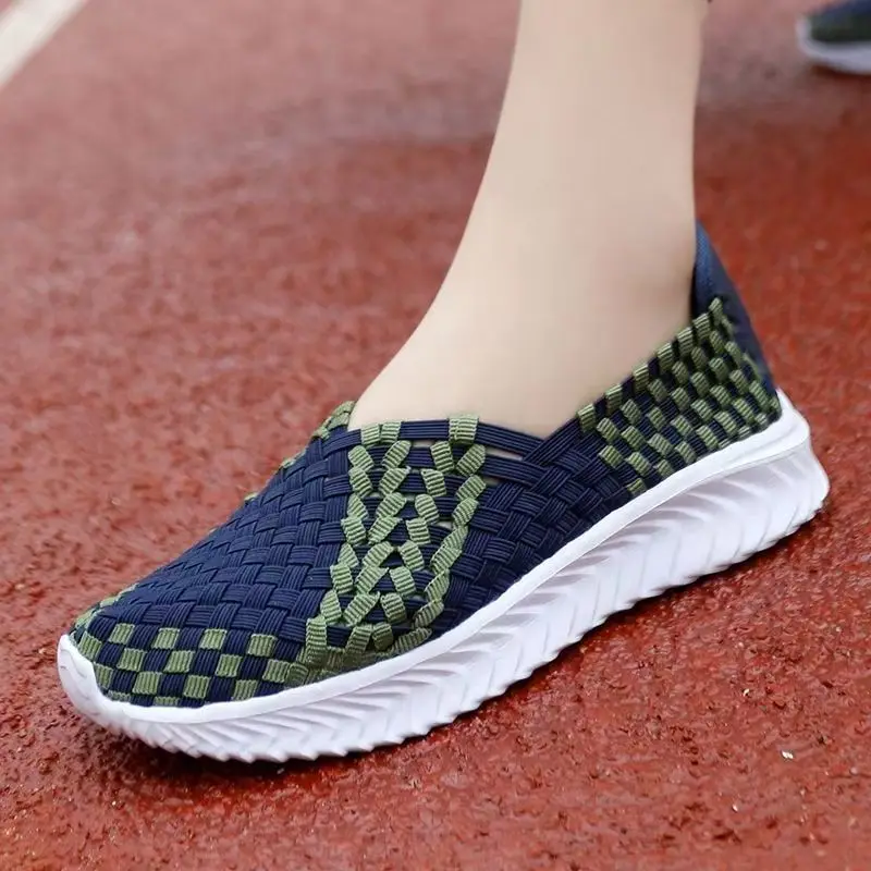 

Woman Hand Woven Casual Shoes Soft Sole Non Slip Spring Summer New Shallow Slip On Round Toe Lightweight Walking Shoes Sneakers