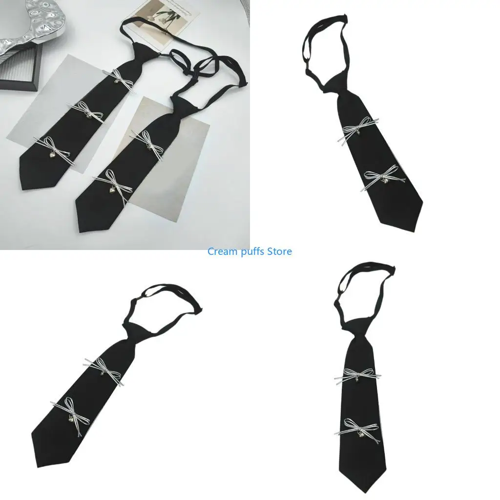 50LE Women's Bowknot Embellished Black Long Tie for School Event and Casual Students Uniform Adjustable Pre Tied Necktie