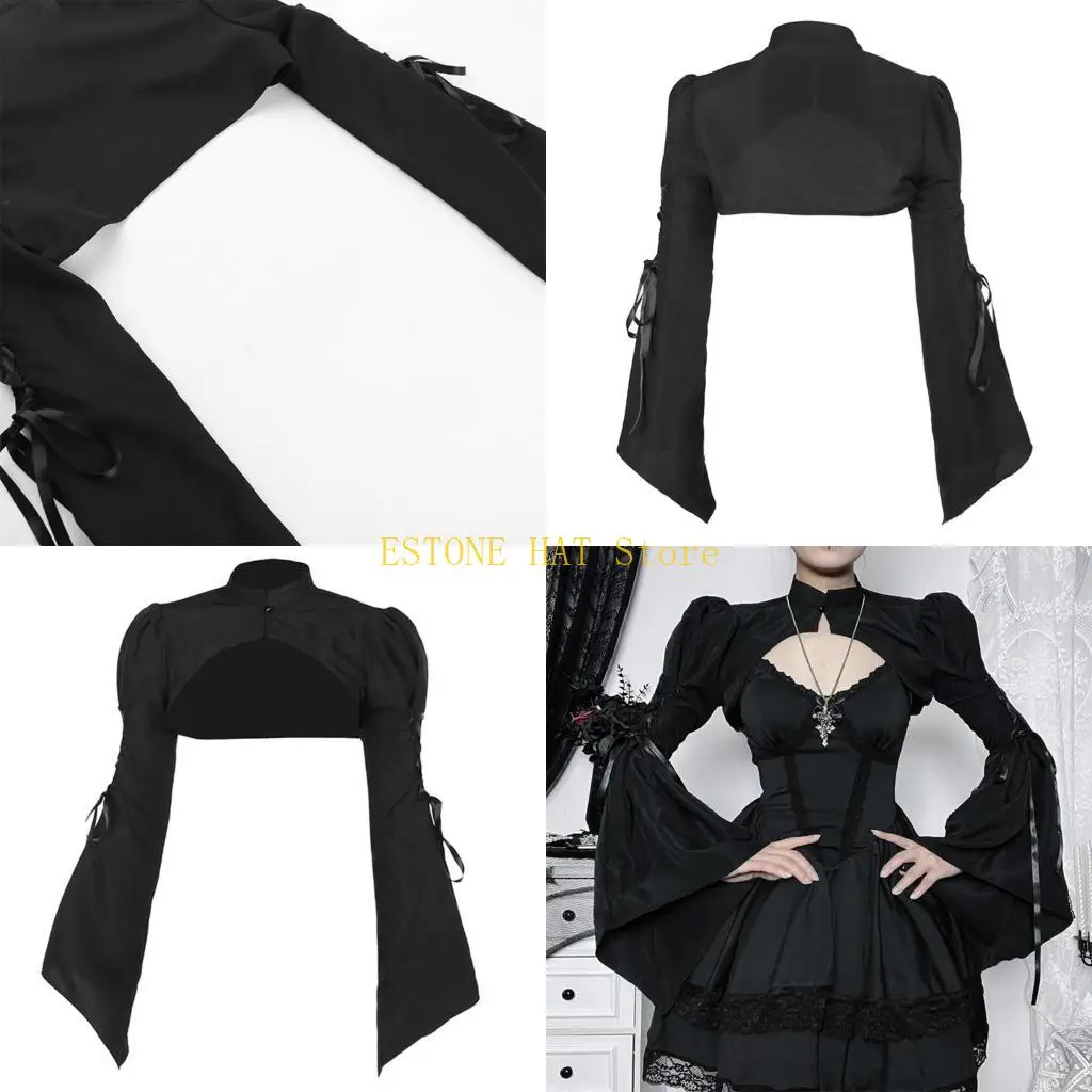 

49MF Women Gothic Flared Sleeve Crop Top Lace-Up Bowknot Harajuku Shrug Vintage Stand Collar Alternative Cover Up Tops Shawl