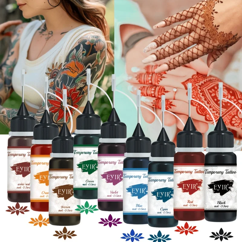 EYIR 9 Colors Henna Tattoo Paste Kit with Reusable Stencils Temporary Mehndi Ink Body Art Hand Tattoo Set Waterproof DIY Design