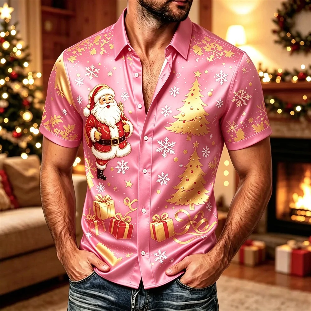 Men's Christmas shirt, satin shirt, decorated with Santa Claus and Christmas tree patterns, button design, daily casual, fast sh