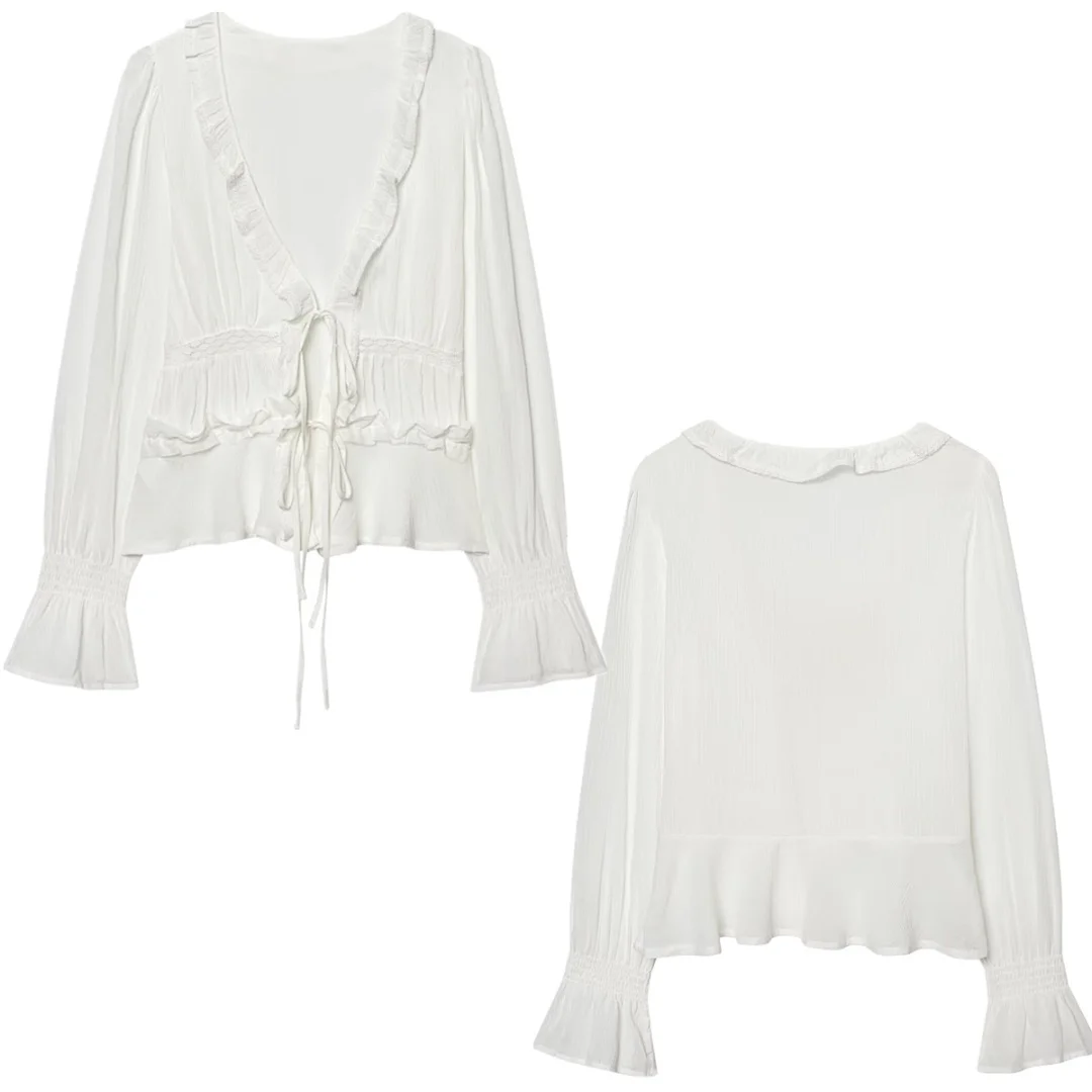 

Maxdutti 2026 Летний пуловер с V-образным вырезом, белая рубашка, минималистичная женская одежда, рубашки и блузки, женская одежда, топы