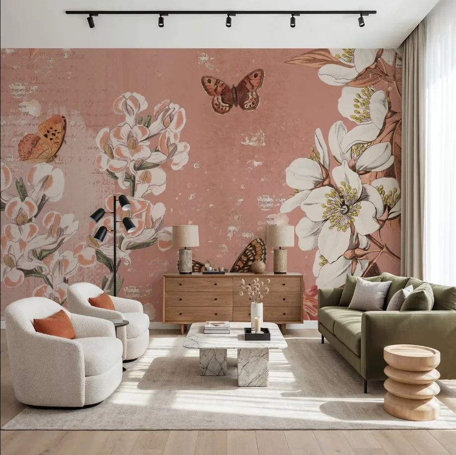 Customized mural retro pink wall butterfly flower wallpaper home decoration living room bedroom orchid wallpaper wall cloth