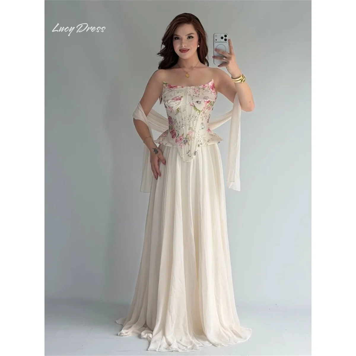 Lucy Ivory Prom Dress A-Line Strapless Sleeveless Evening Dresses Corset Bodice Floral Embroidered Flowing Bead Long Customized