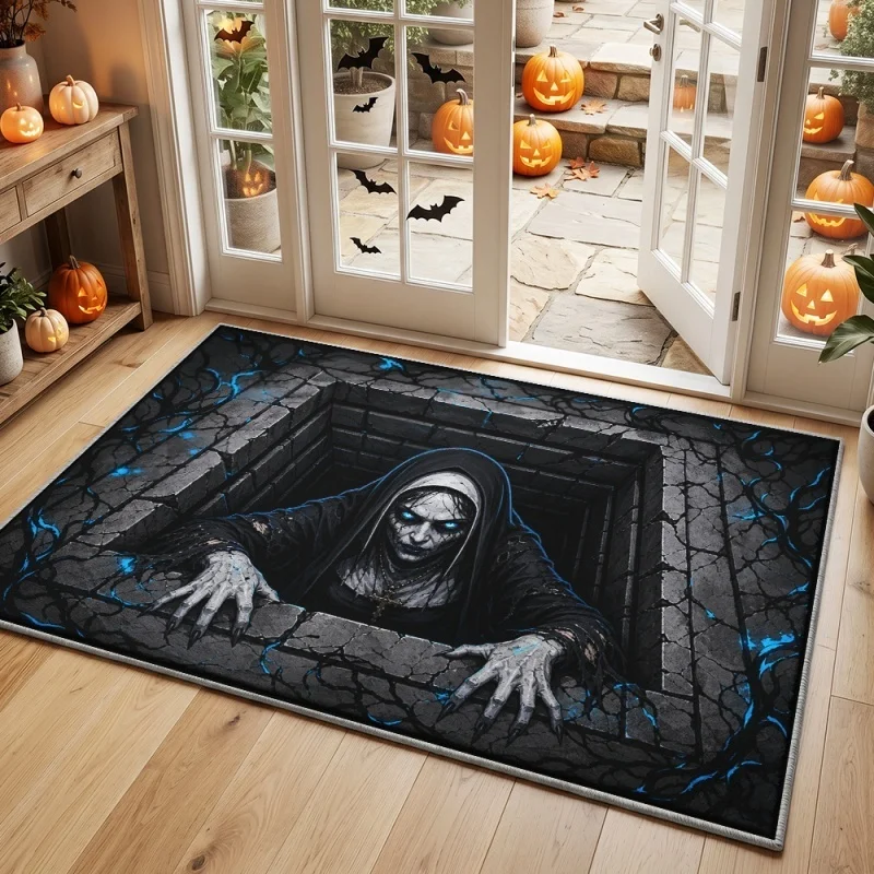 Newest Doormat 2D Creepy Nun Cracked Brick Wall Horror Print Doormat Non Slip Indoor Outdoor Halloween Floor Rug