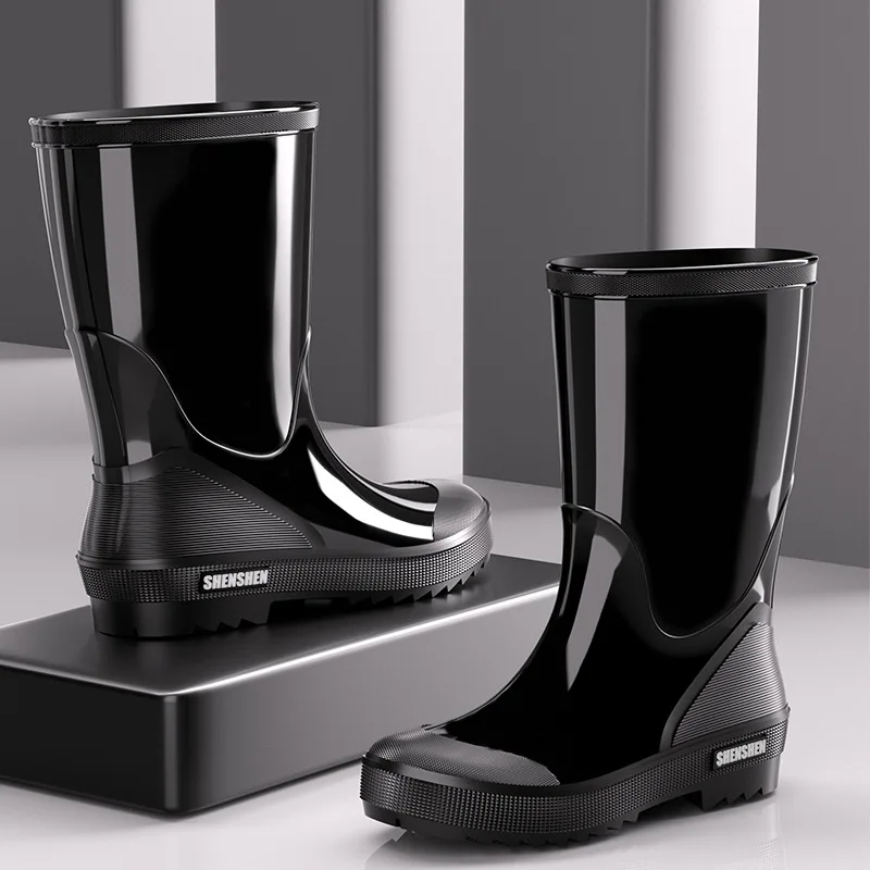 Fashionable Rain Boots Men Waterproof Mid-calf Rain Boots Thick-soled Outdoor Car Wash and Fishing Construction Site Water Shoes