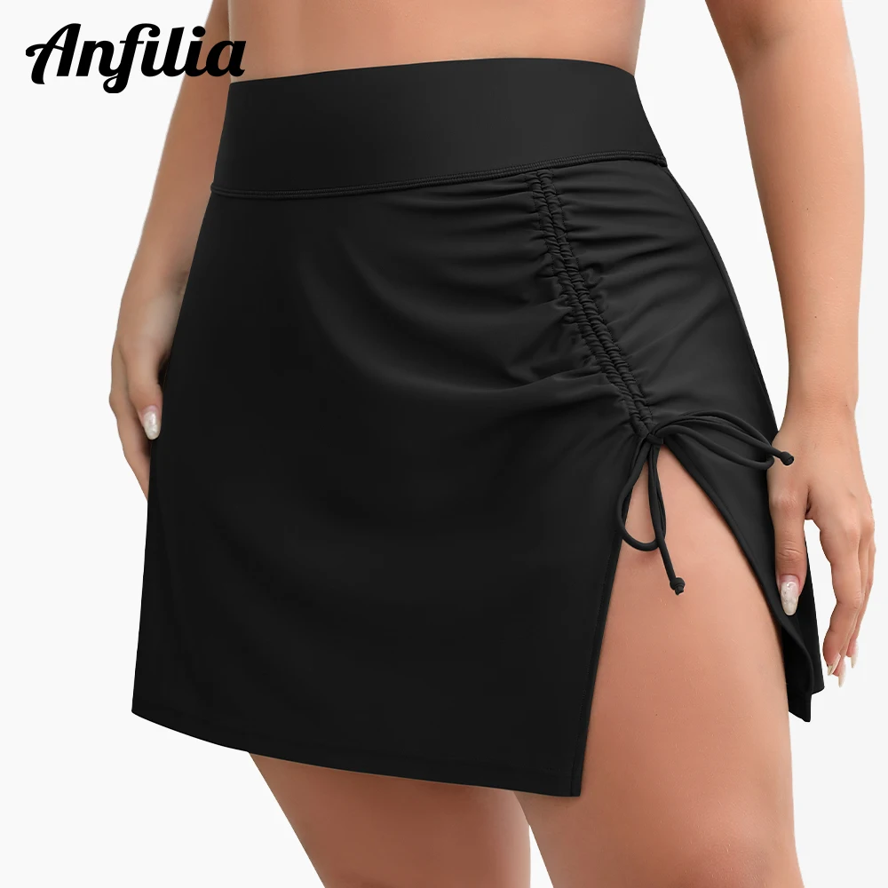 

Anfilia Women Plus Size Swimming Skirts Solid Side Split with Drawstrings Built-In Shorts High Elastic Tankini & Bikini Bottom