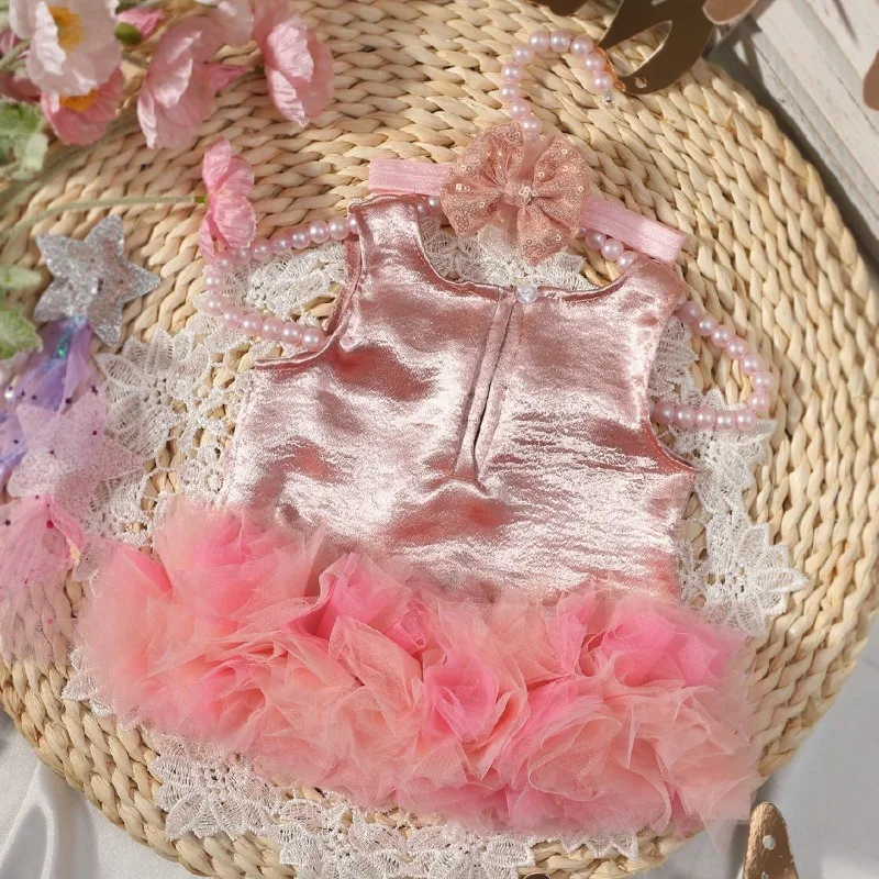 New 2024 Newborn Photography Clothing Baby Girl Gradient Color Mesh Fluffy Skirt Bow Headband Two-piece Set Newborn Girl Clothes