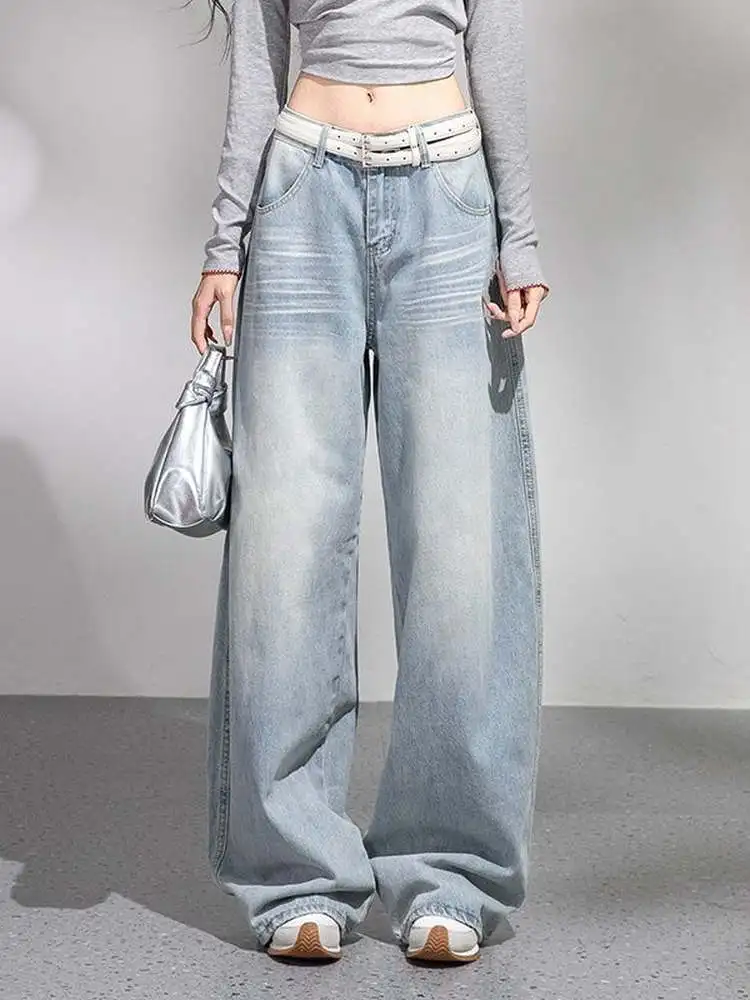 Calças Jeans de Cintura Alta Assimétrica com Pernas Largas para Mulheres, Ajuste Solto, Estilo Casual, Denim Azul Bordado com Detalhes em Lâmina