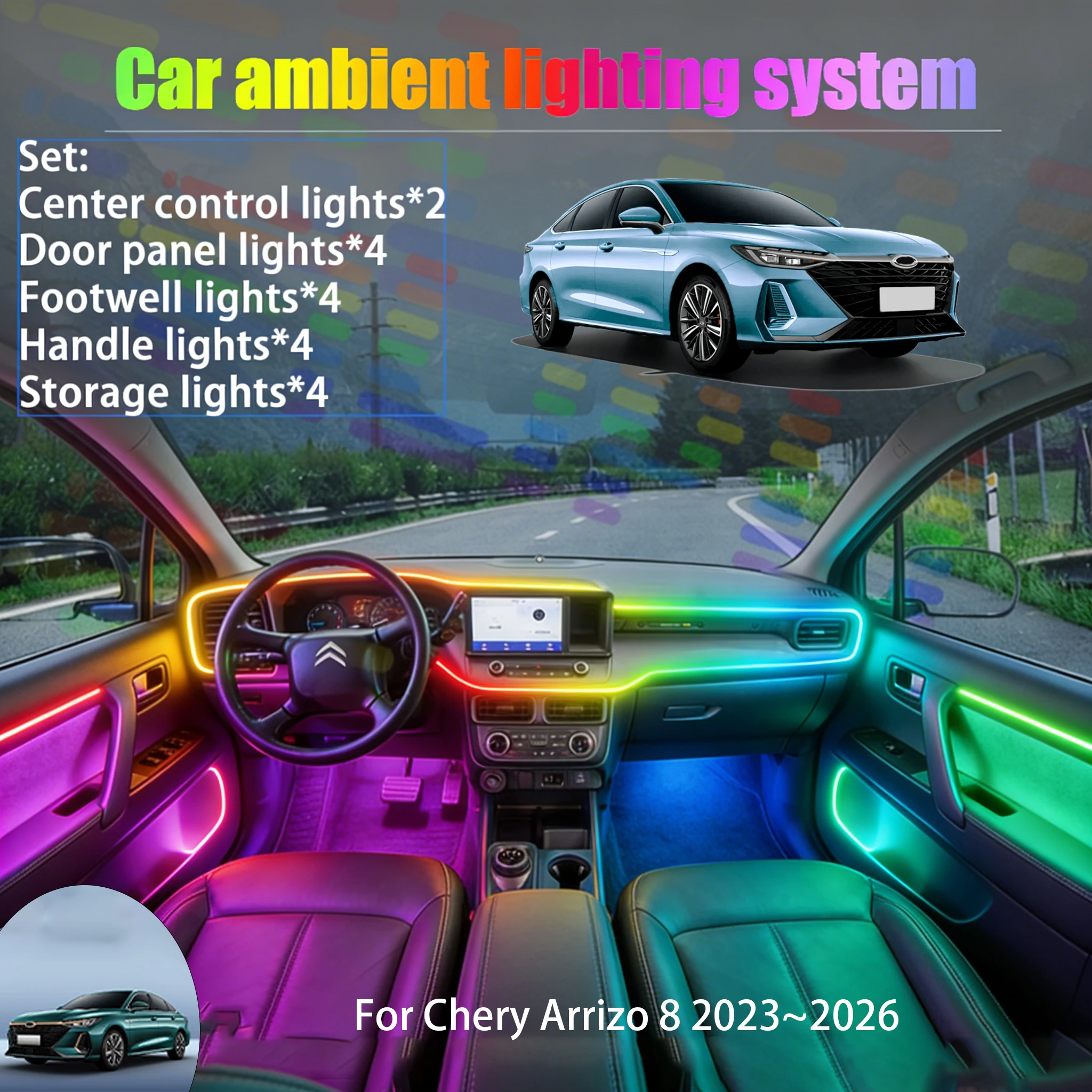 

Для Chery Arrizo 8 2023~2026: Комплект светодиодной подсветки салона и багажника (2/18 в 1), USB RGB, с эффектом бегущих огней, автозапчасти
