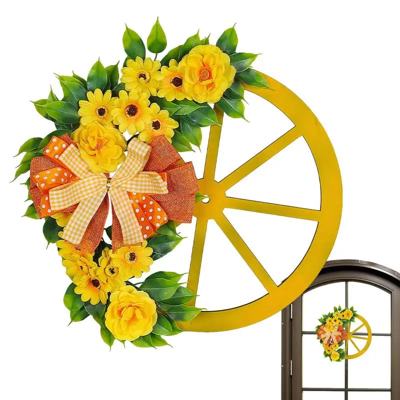 Floral Wreaths For Front Door Rustic Spring Wreath Yellow Floral Decorative Garland With Bowknot Wheel Simulation Green Plants