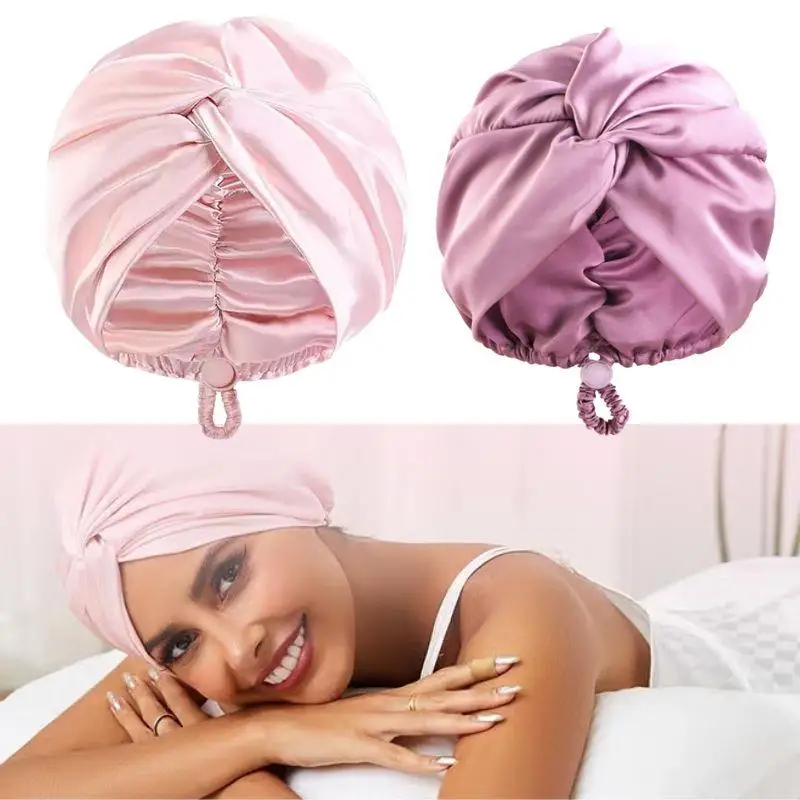 

New Women Double Layer Twisted Turban Adjustable Satin Sleep Cap Elastic Chemo Hair Care Bonnets Beauty Makeup Headscarf Hat