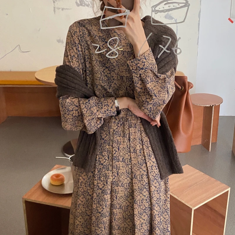 Floral Print Pleated Drawstring Waist Dress Elegant Style Long Sleeve Midi Dress for Ladies in Their 20s And 30s Spring Autum...