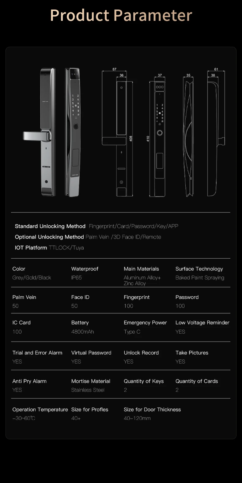 Tuya WiFi Electronic Smart Door Lock 3D Face Palm Vein Password Key Fingerprint Aluminum Sliding Door Waterproof Outdoor