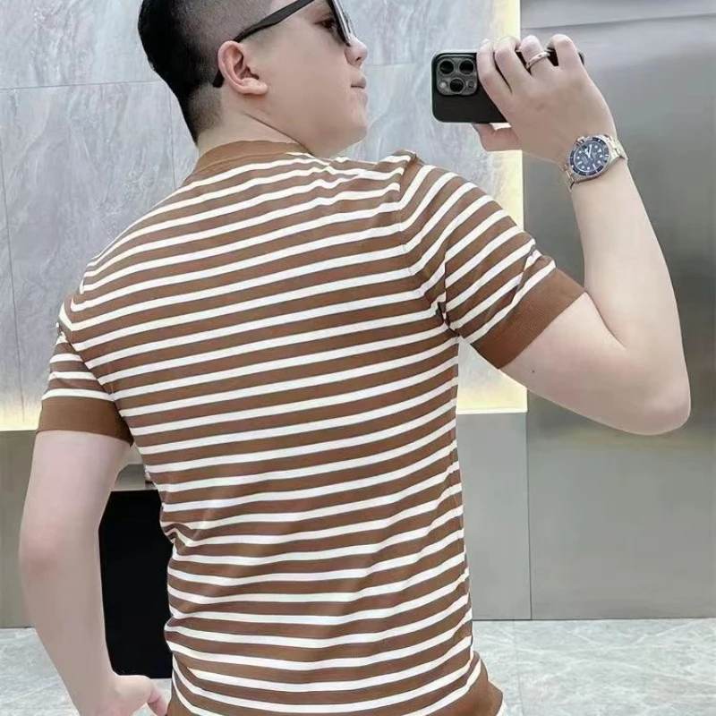 New Summer Striped Round Neck Men's Short-sleeved T-shirt Light Luxury Trendy and Versatile Slim Fit Knitted Half-sleeved