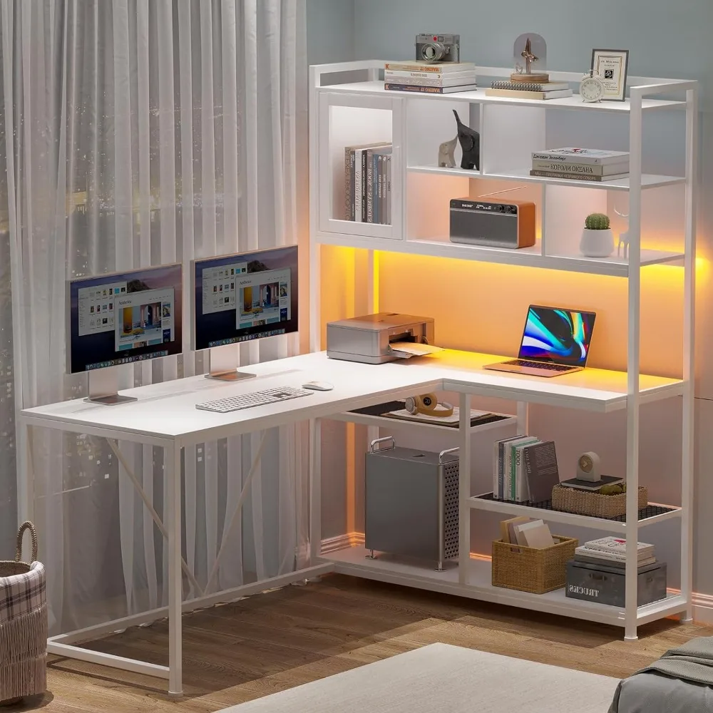 Scrivania per Computer a forma di L, scrivania da ufficio da 58 ''con luce a LED e libreria, a forma di L con ripiani portaoggetti per scrivania da ufficio in casa