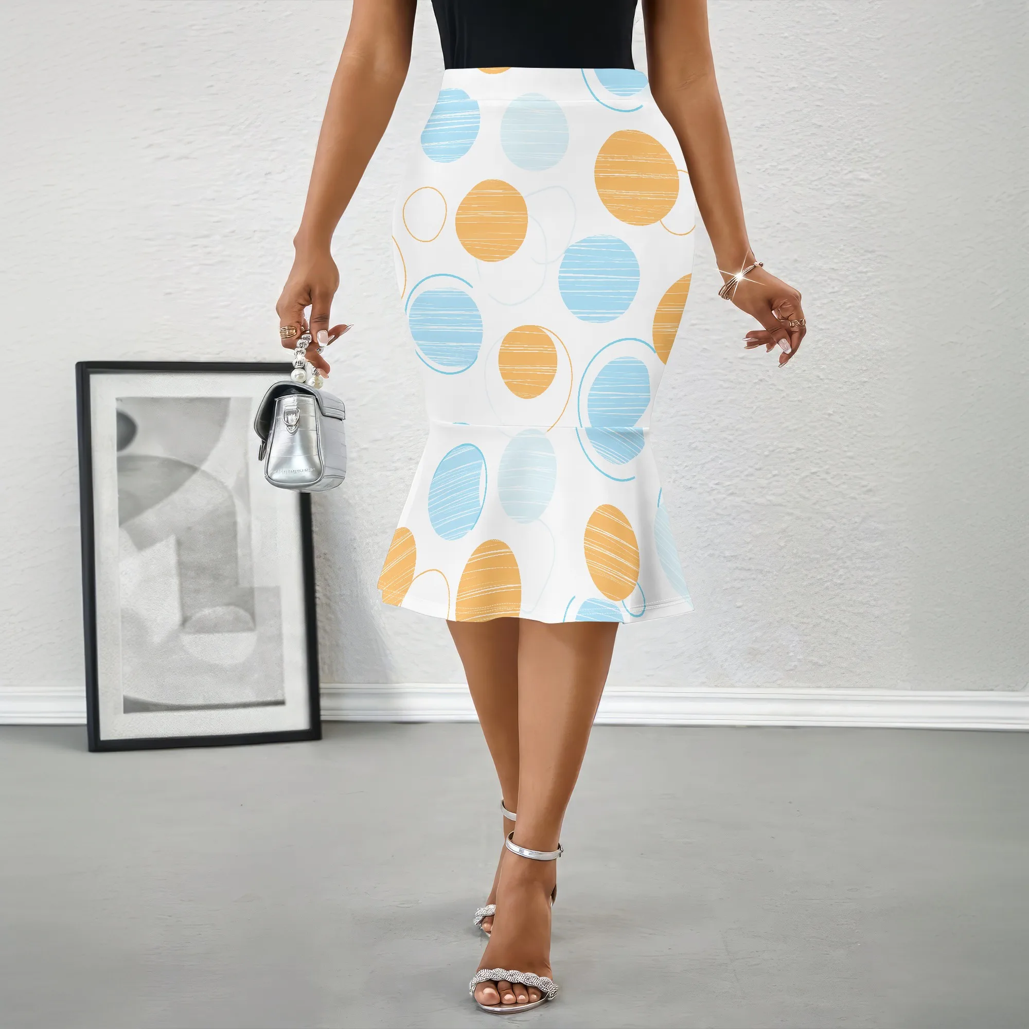 Retro Polka Dot Mermaid Skirt, High Waist Pencil Midi Skirt, Bodycon A-Line Party Skirt, Summer Beach Casual Wear, S-2XL