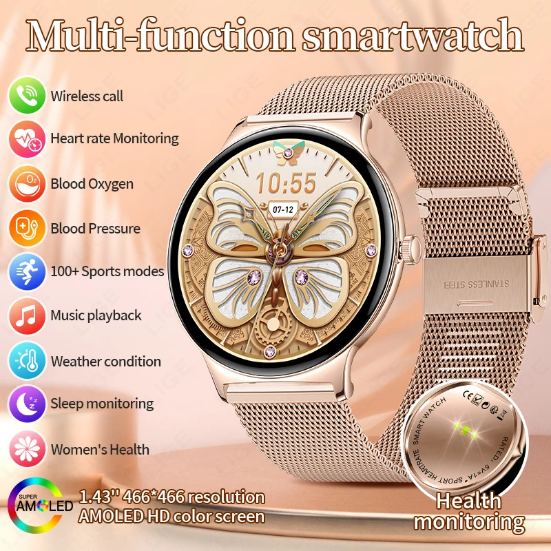

LIGE New Ultra-thin AMOLED Smart Watch Women AMOLED Screen Always Display Time Heart Rate BT Call Men Smartwatch for Android iOS