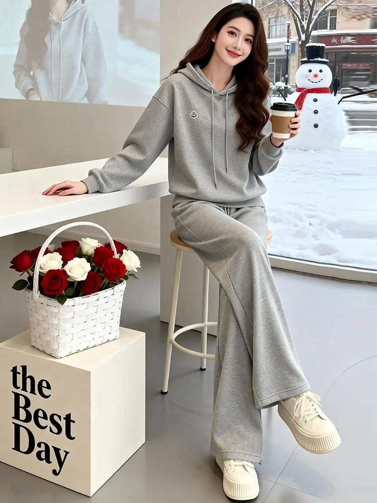 

Повседневный спортивный костюм: женский серый свитшот и брюки с высокой талией и широкими штанинами, комплект из двух предметов, весенняя мода, антивозрастной корейский стиль