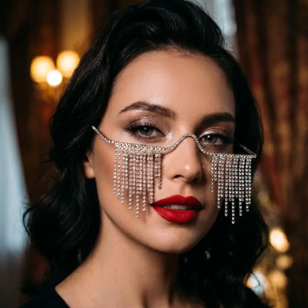 Foldable Tassel Rhinestone Eyeglass Frame Zircon Crystal Metal Glasses Frames No Lens Spectacle Frame Lensless