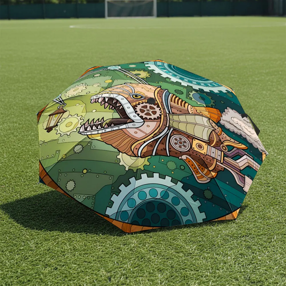 1P C Steampunk Fish Design Umbrella in Front of Iconic Building Print 8 Iron Ribs Folding Umbrella Auto-Open Fashion Sunshade