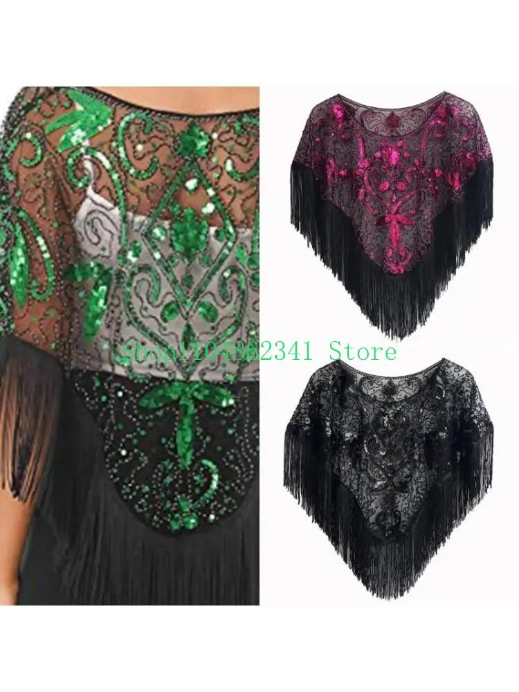652f-スパンコール付きフリンジショルダーラップロングタッセルショールクラシックイブニングウェアフリンジスパンコールケープレットフォーマルな機会