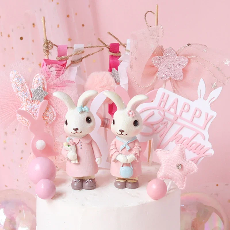 Rabbit Cake Toppers Girls Happy Birthday Party Decorations Easter Baby Shower Pink Blue Bunny Cupcake Topper Dessert Dress Up