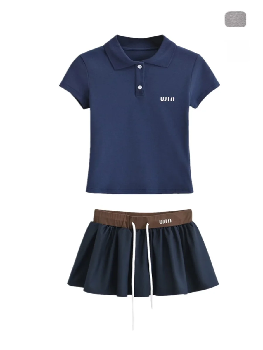 

American College Sle Color Blo Print Casual Set Collar Slim ort Sve T-irt High Waist Dstring Puffy ort S...