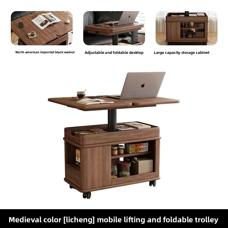 

Medieval style mobile coffee table trolley can lift the sofa side table, living room household tea table can fold the solid wood