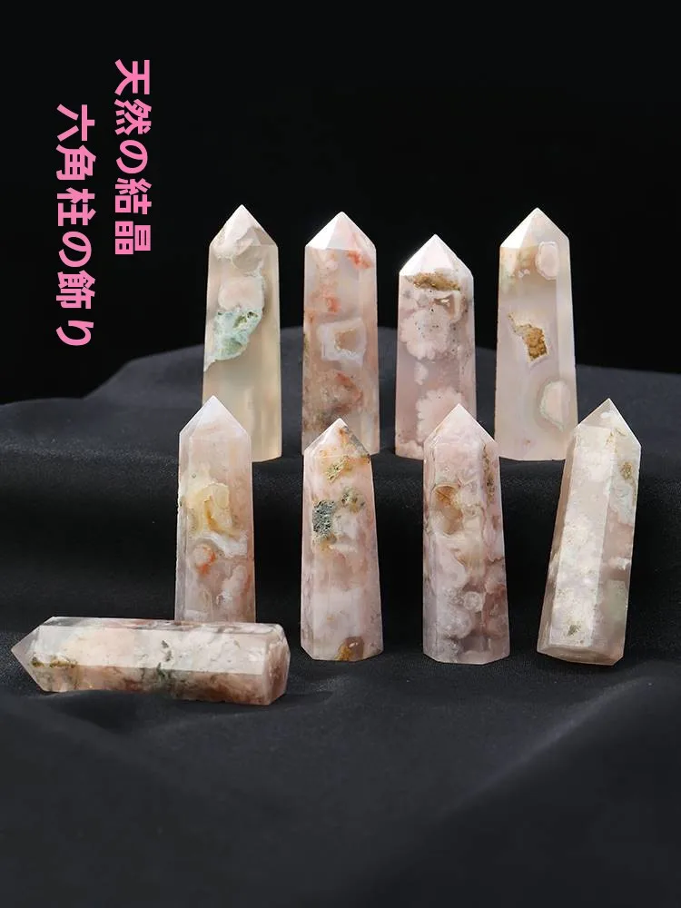 cristal-de-Agata-natural-flor-de-cerezo-columna-hexagonal-de-punta-Unica-adornos-de-decoracion-para-el-hogar-columna-de-seis-lados-exhibicion-para-jugadores