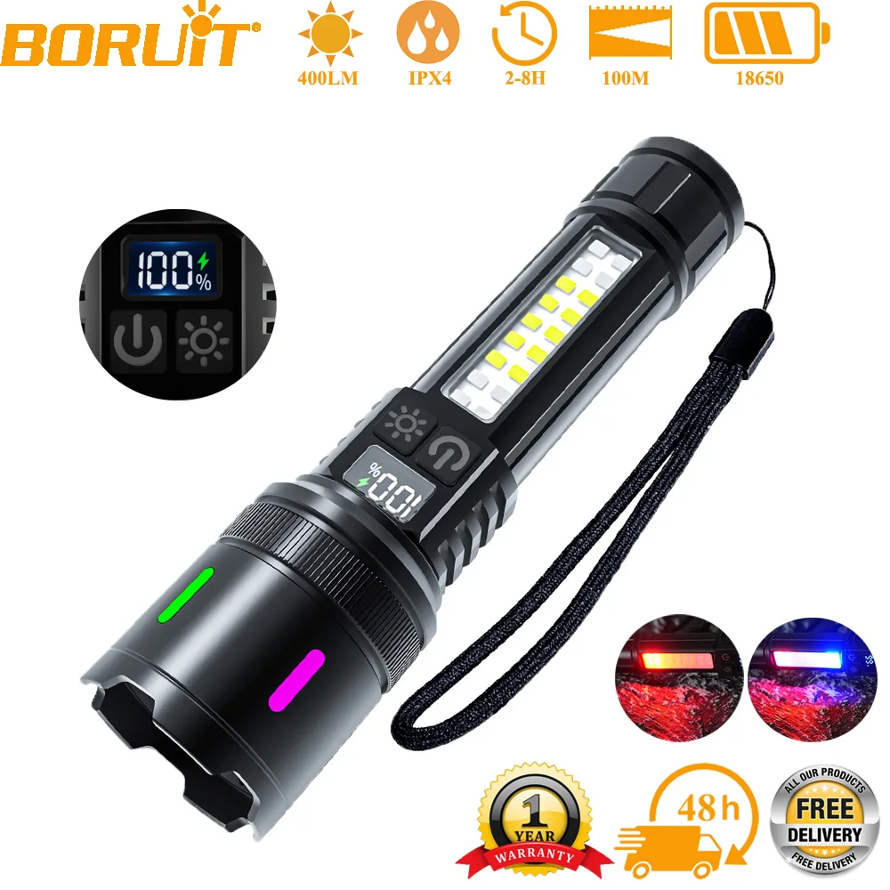 BORUiT Powerful 1000LM LED Flashlight COB Telescopic Zoom Torch USB C Rechargeable Flashlight Camping Lantern Built-in Battery