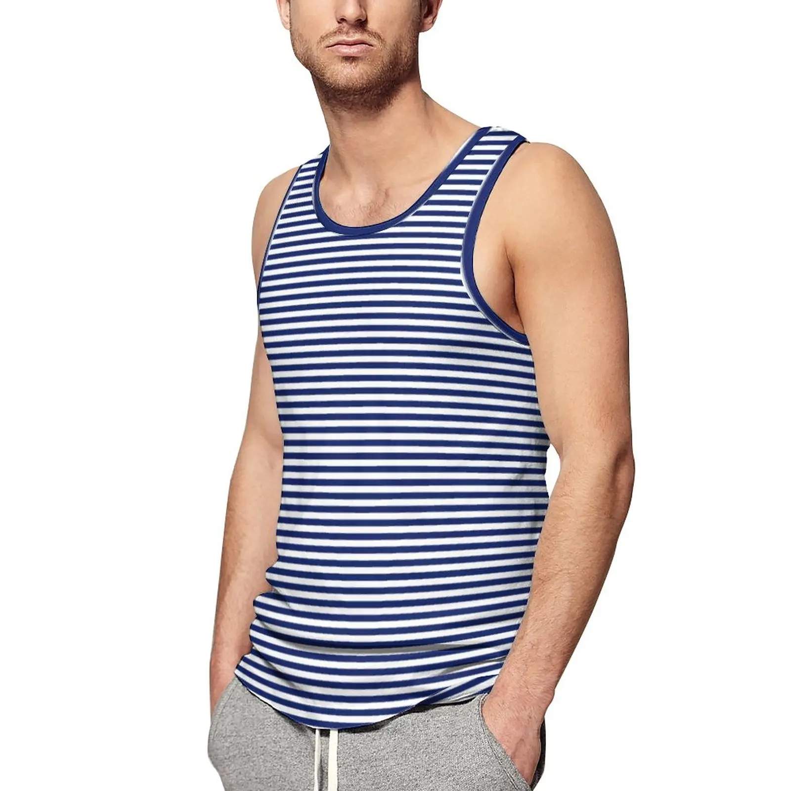 Classic Stripes Summer Tank Top Navy Blue and White Bodybuilding Tops Man Graphic Fashion Sleeveless Vests Plus Size 4XL 5XL