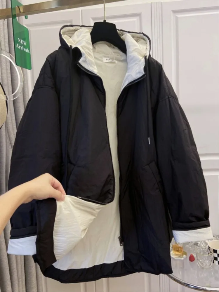 Autumn Winter Hooded Cotton Jacket Women Loose Casual Warm Filled Woman Coat Long Sleeve  Zipper Mid-Length Ladies Jackets