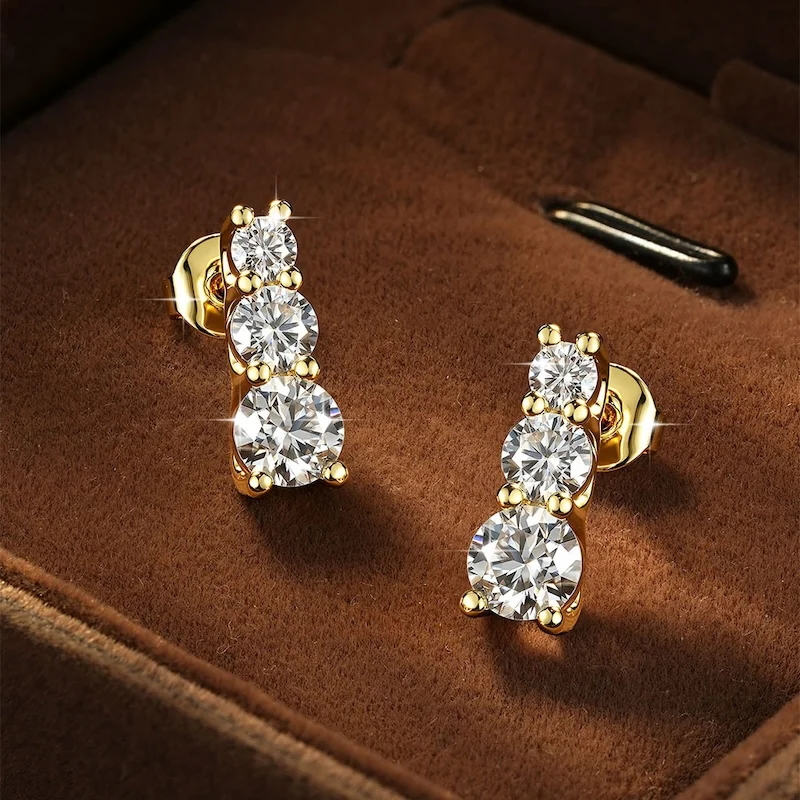 Rrjzz 3mm 4mm 5mm Drei-Stein-Ohrstecker mit Labor-Imitationsdiamanten, D-Farbe Moissanit-Ohrstecker für Damen, Hochzeitsschmuck, Geschenke – Detail 3