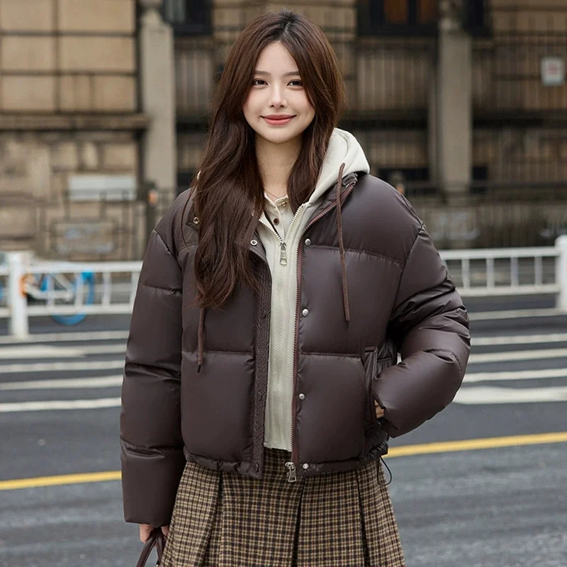 Women Parkas Fake Two Cotton Coats No Wash Winter Jacket New PU Short Thick Hooded Bread Cotton Padded Jacket Female Outerwear
