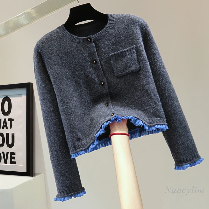 

Color Matching Pleated Splicing Long-sleeved Knitted Cardigan Woman Autumn Winter High-waisted Short Bow Button O Neck Sweater