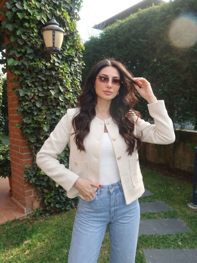 HH Women Elegant Textured O-Neck Beige Loose Jacket 2026 Spring Long Sleeve Straight Single Breasted Jackets Outfit Short Coats