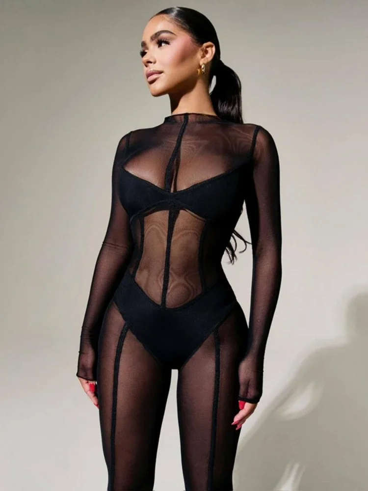 See Through Black Jumpsuit Long Sleeve Bodycon One Piece Outfit Women Sexy Combinaison Femme Mesh Patchwork Enterizos Para Mujer