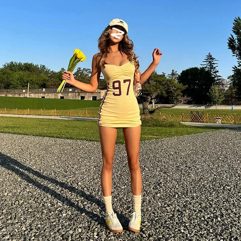 

Summer American retro street letter printed slim camisole dress, women's casual sexy short skirt high waisted sleeveless