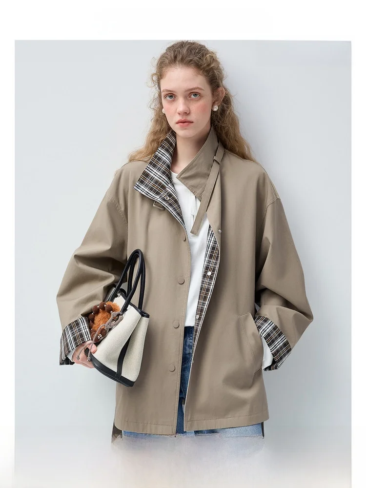 

VEGA CHANG Brown Plaid ort Loose Women's Jaet Spring 2026 New Sle Color Blo Briti Sle Windbreaker Commute Korean ...