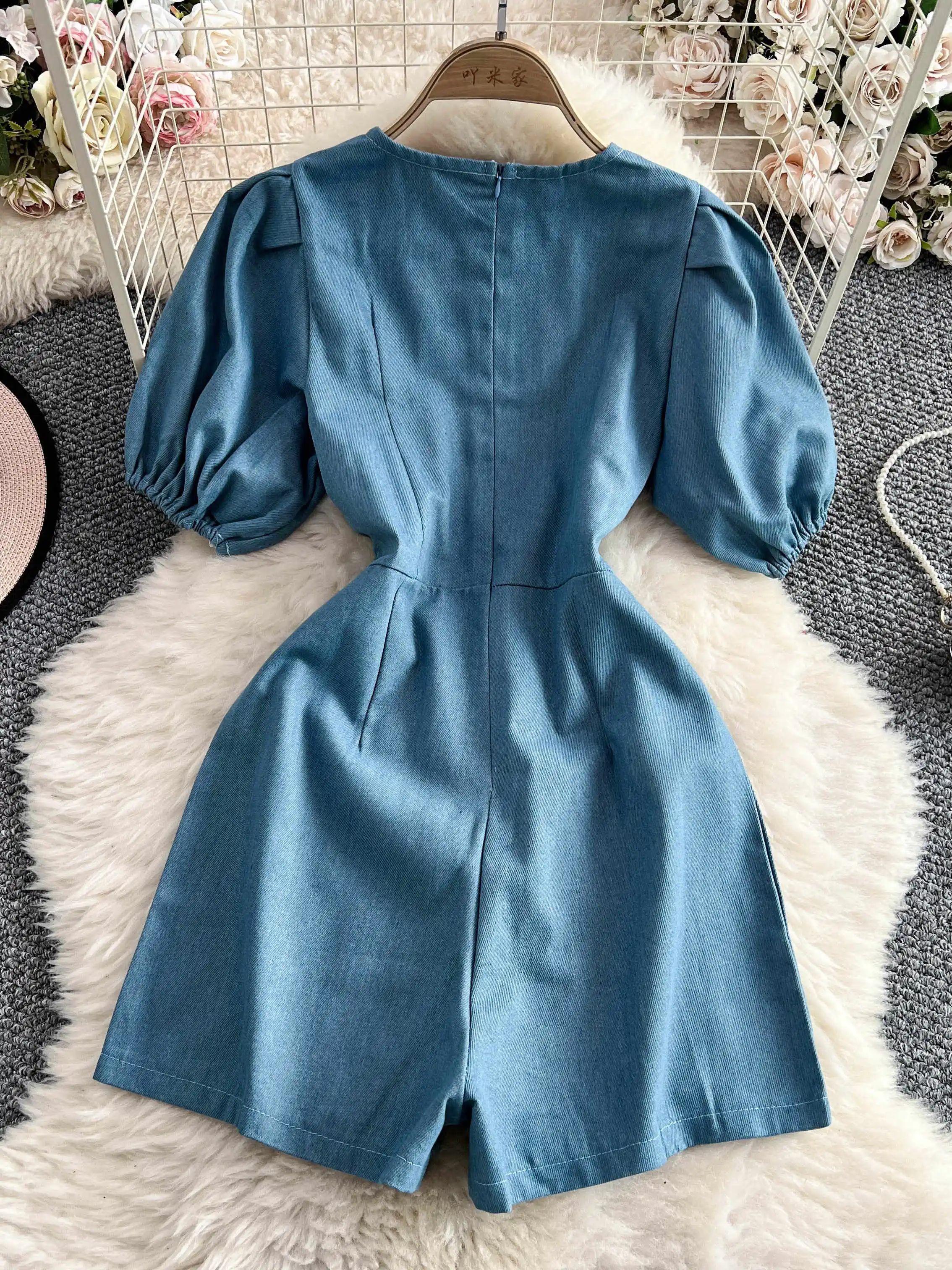 Women Blue Shorts Jumpsuits 90s Vintage Lace Patchwork Playsuits Harajuku Short Sleeve Rompers Jeans Pants Ladies Clothes Summer