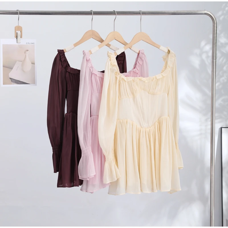 Solid Ruffle Mini Dress U Neck Long Puff Sleeve Tie Neck Tiered Hem Sweet Style Gown Soft Pastel Tones Fashion Chic Women Outfit