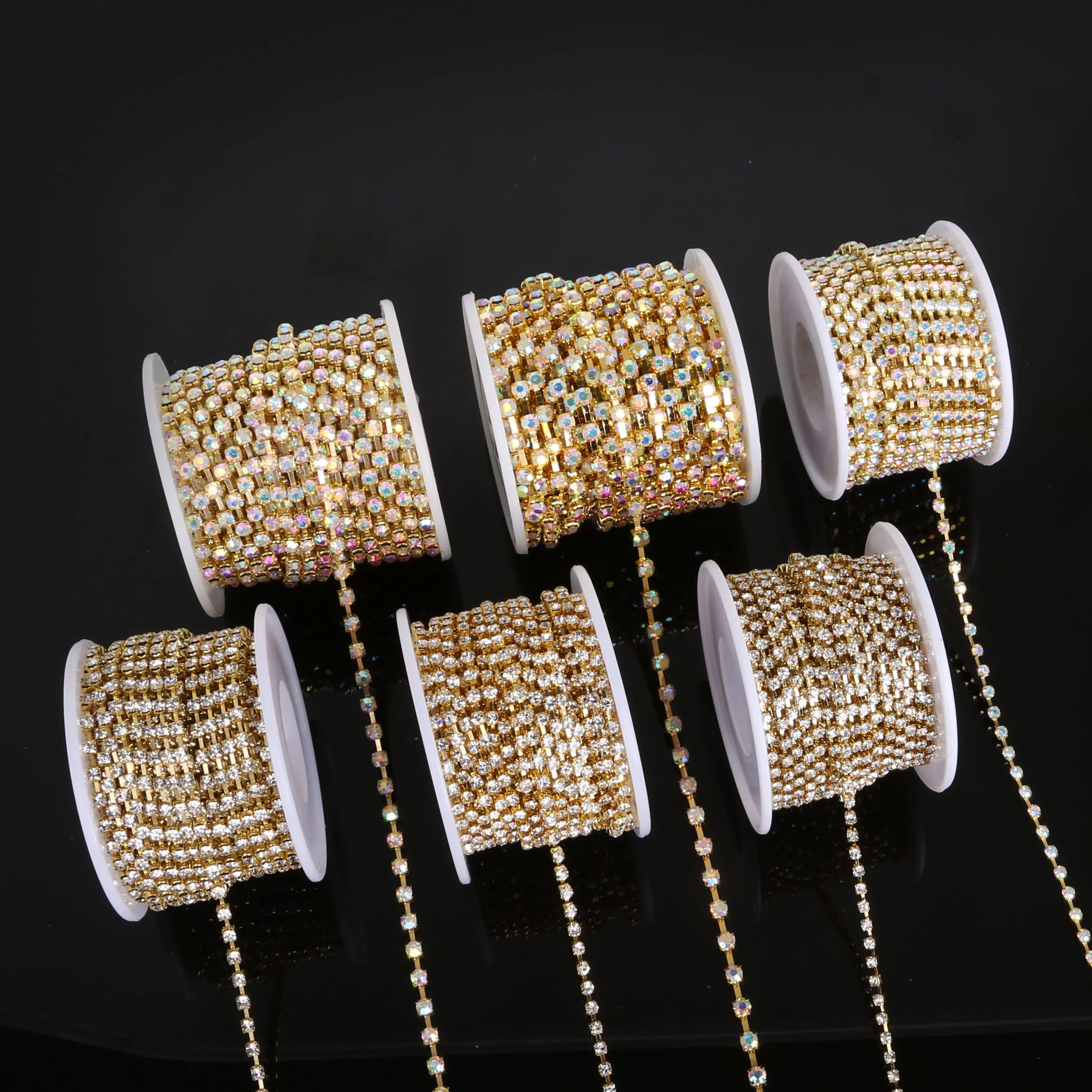 2mm SS6Crystal Water Diamond Chain Glass Diamond Gold and Silver Bottom Mobile Phone Rod Diamond Chain DIY Wedding Jewelry