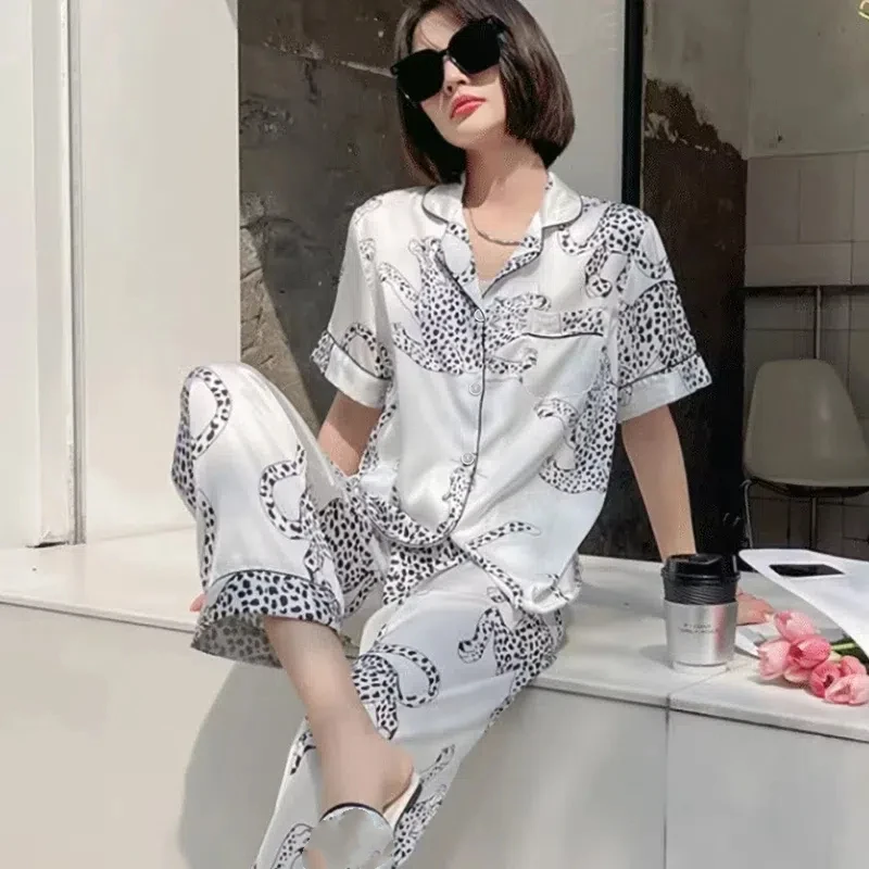 American Ins Style Milk Panther Print Women Pajamas Retro Trend Cool Handsome Y2k Home Lounges 2024 New Summer Cartoon Sleepwear