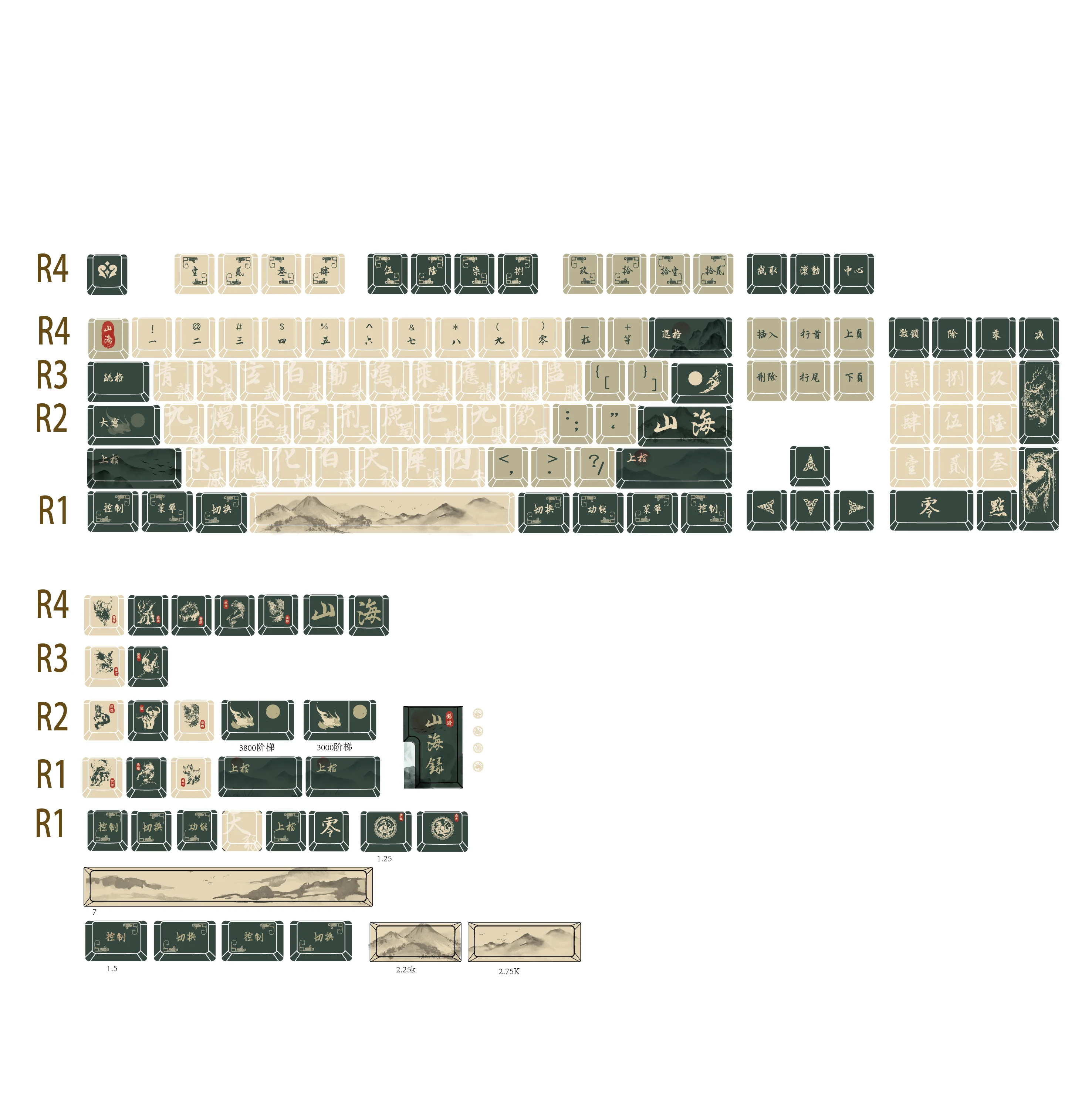 131Keys Keycap Chinese Characters Side Engraved Shanhailu Five-Sided Thermal Sublimation Cherry Pbt Retro Black White Matching