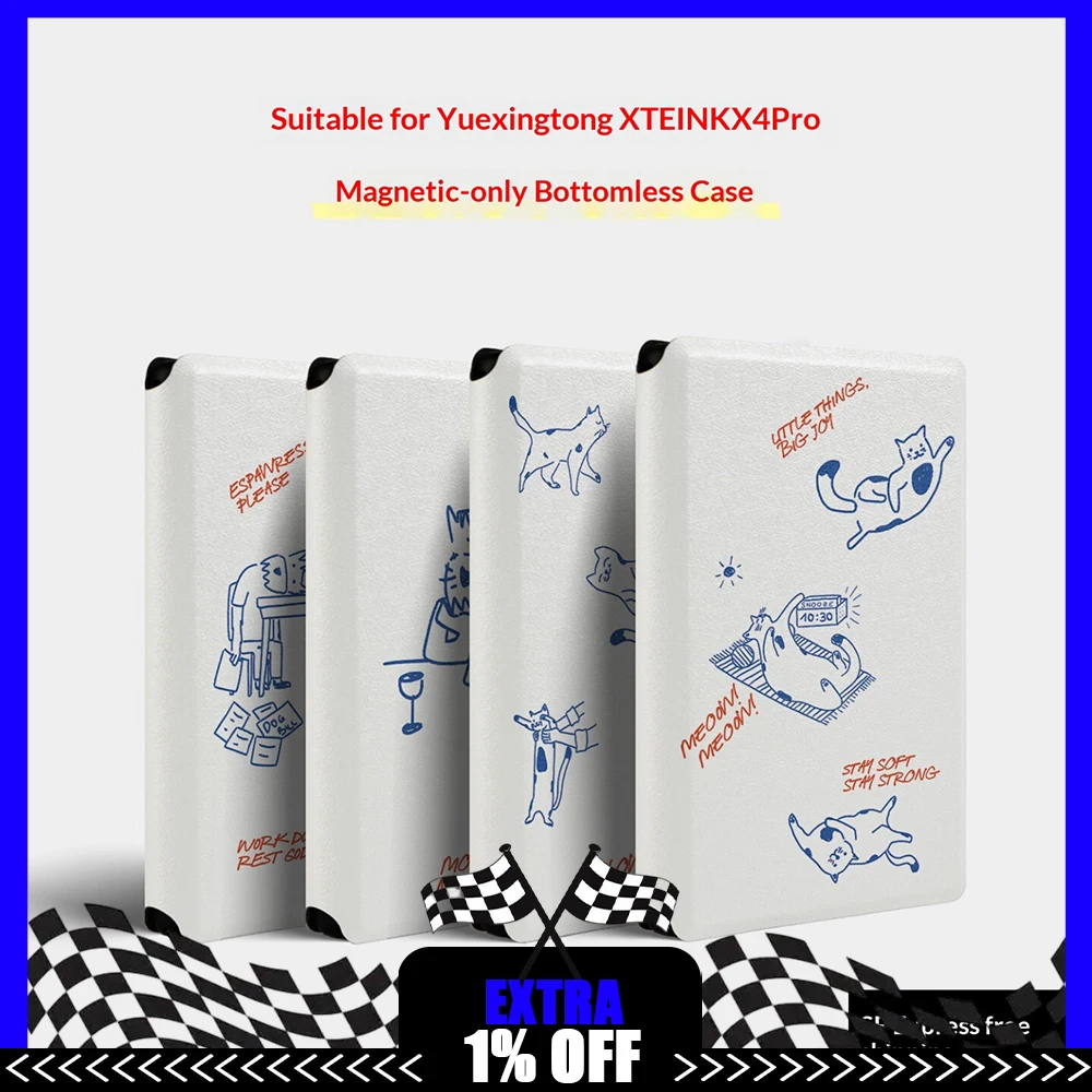 XTEINK X4 Pro Magnetic Protective Case Slim PU Leather Cartoon Cat Dog Pattern Cover Shell for E Ink Tablet Shockproof For Gifts