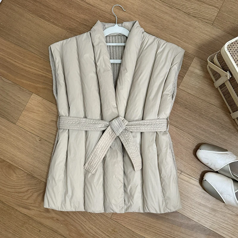 Schinteon Vrouwen 90% Witte Eendendons Breiwol Vest Herfst Winter Warme Mouwloze Jas Koreaanse Stijl Luxe Top 2024 Nieuwe