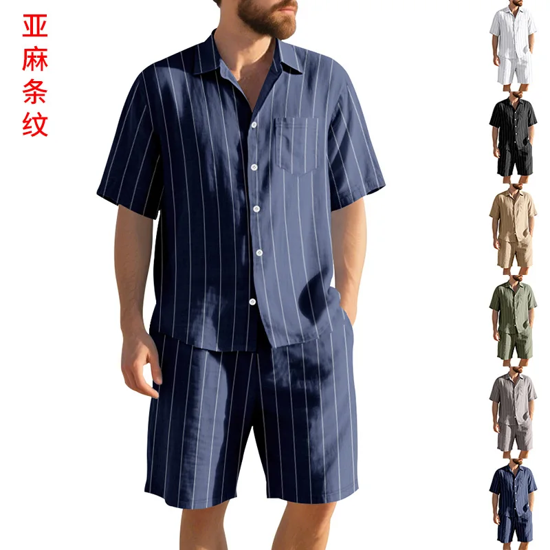 

Men's Summer Linen Suit Striped Jacquard Loose Short-Sleeved Shirt And Beach Shorts Set Casual Elegant Men's Outfit