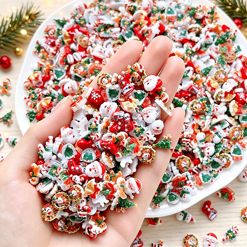 50Pcs Cartoon Christmas Resin Nail Charms Santa Snowman Gingerbread Tree Sock Bell Nails Decoration Winter Manicure Party Parts